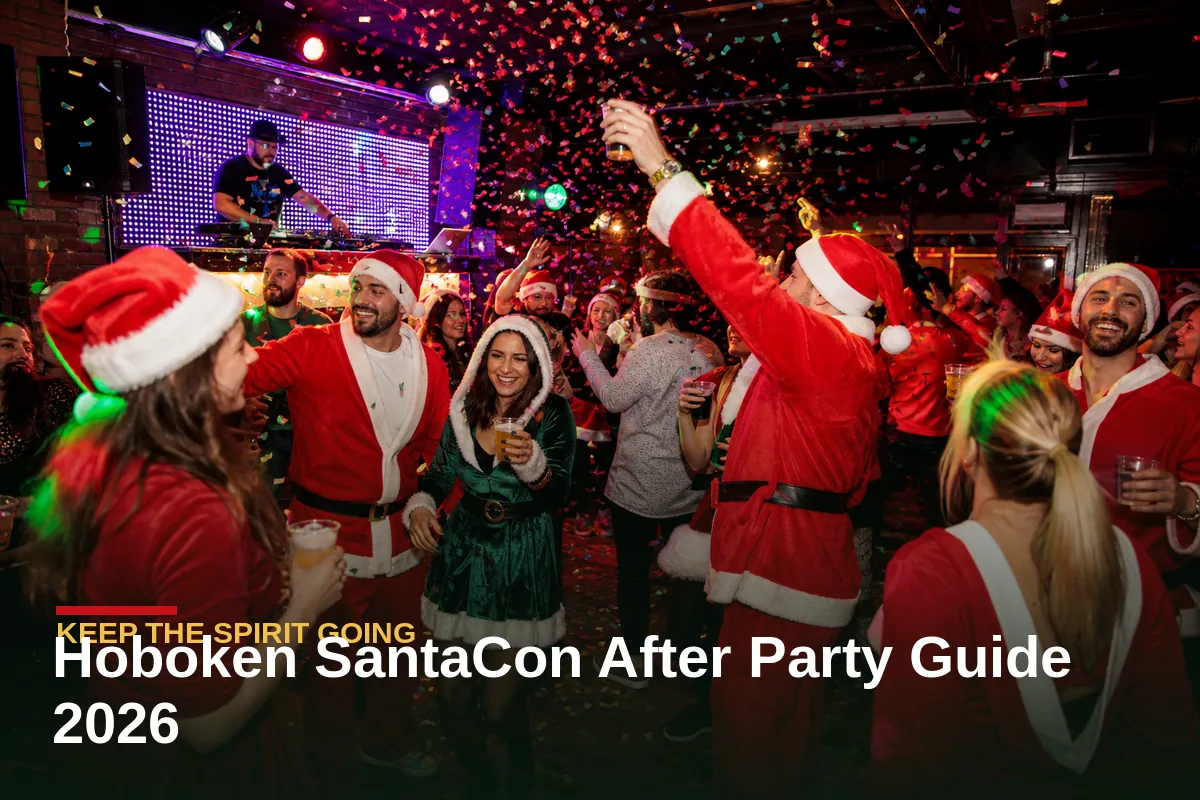 Santas celebrating at a Hoboken bar after party with DJ and lights