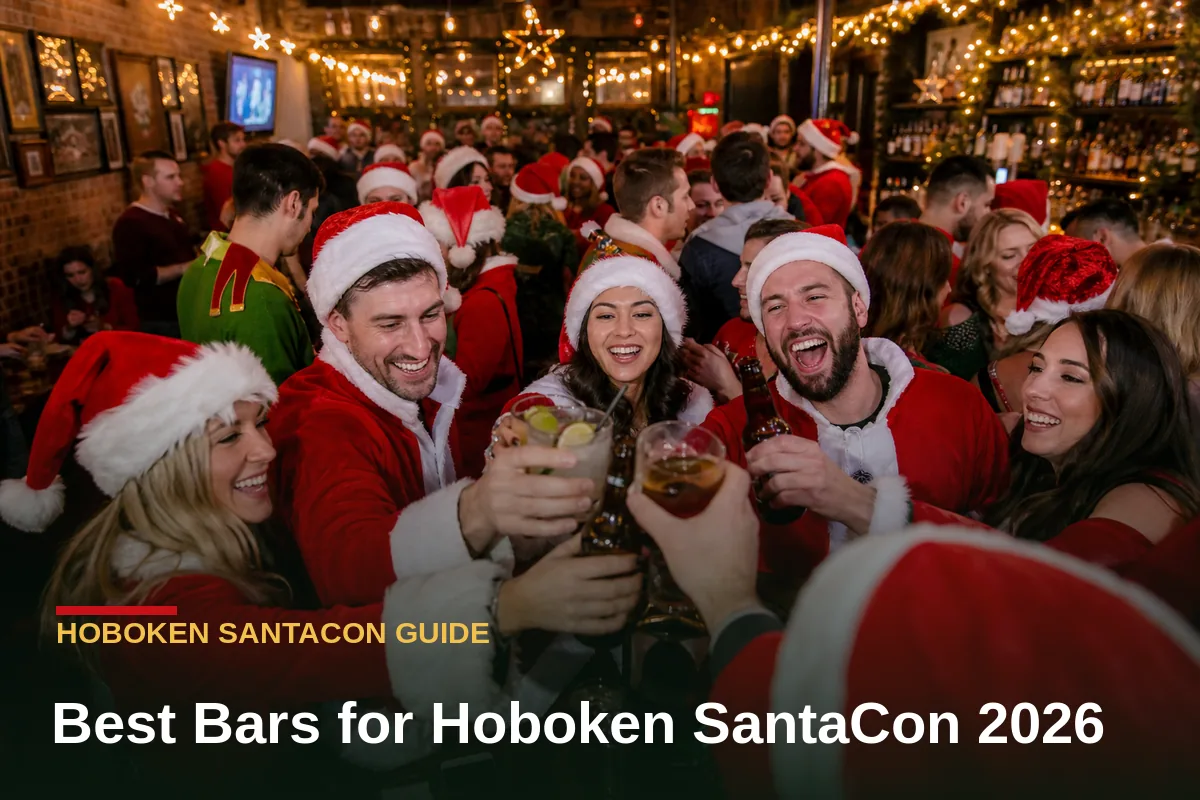 Crowd of Santas toasting inside a festive Hoboken bar during SantaCon