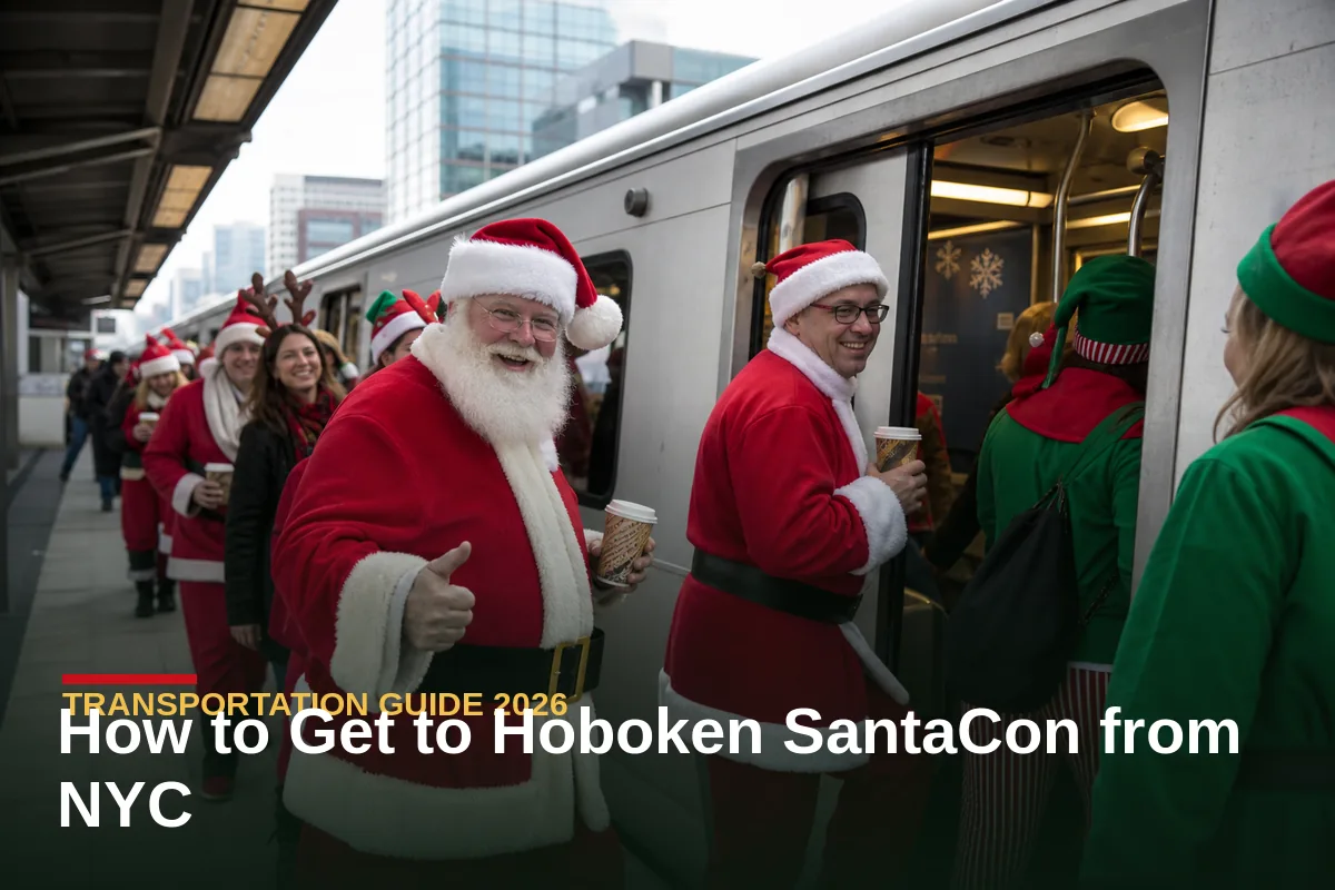 Santas boarding a PATH train heading to Hoboken SantaCon