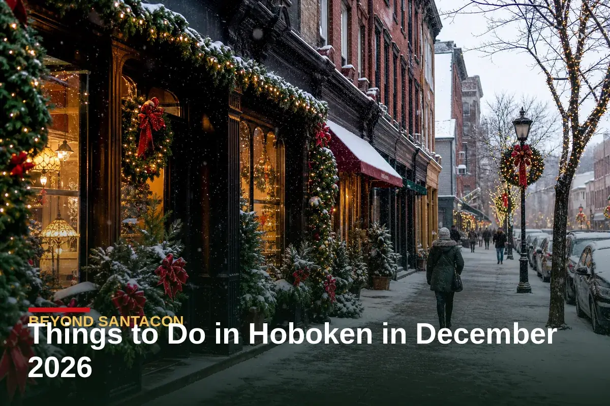 Downtown Hoboken street decorated for the holidays in December