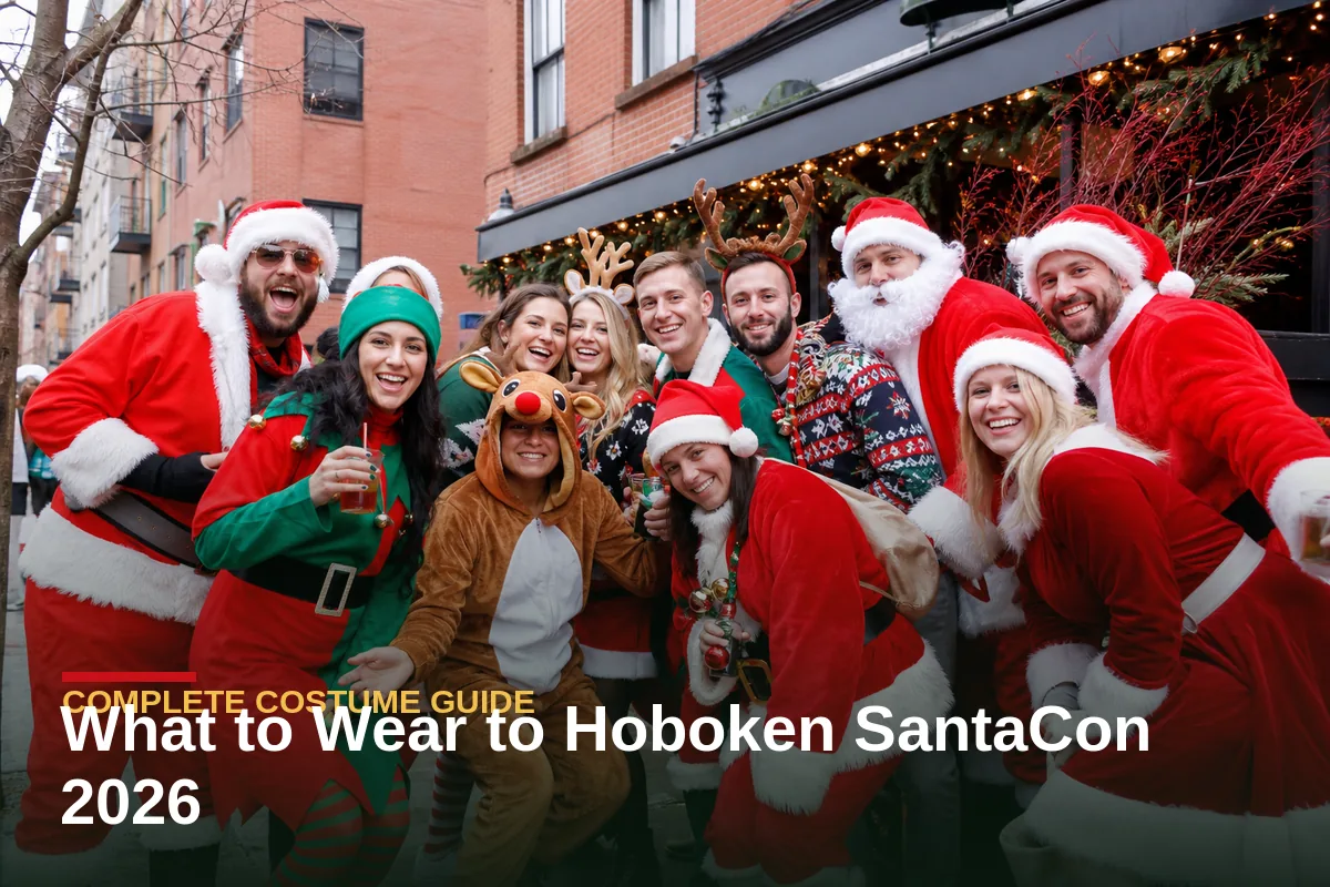 Group in creative Santa, elf, and reindeer costumes at Hoboken SantaCon
