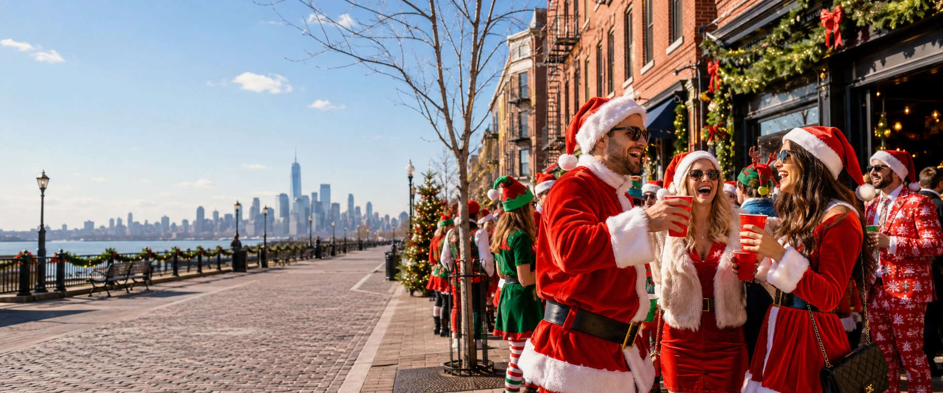 Hoboken SantaCon — Santas celebrating on the Hoboken waterfront