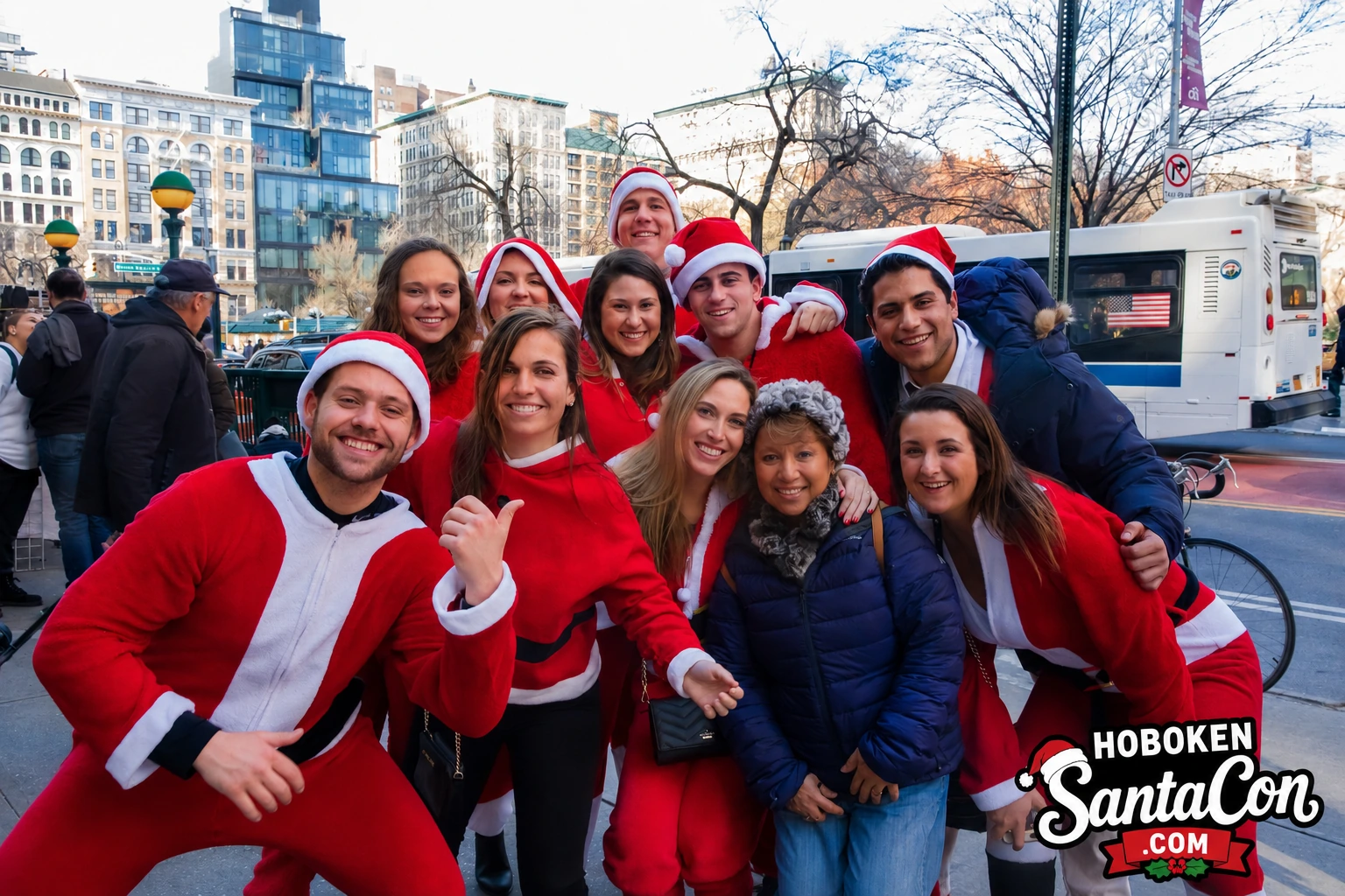 Friends in Santa costumes group photo